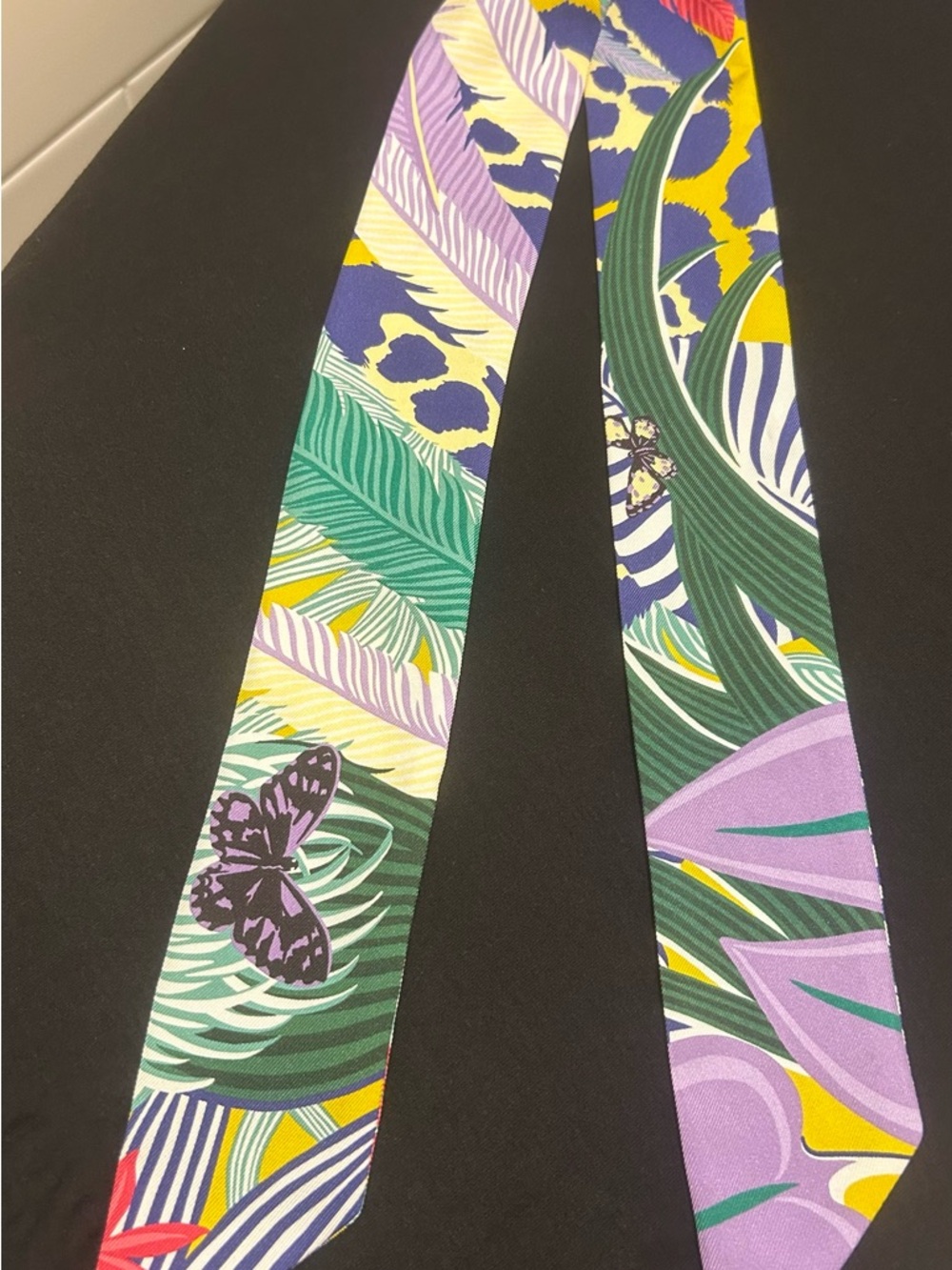Hermès Purple Green Yellow Printed Silk Twilly with Butterfly Motif - Picture 9 of 16
